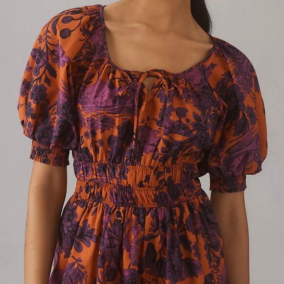 Anthropologie The Sommerset Puff Sleeve 100% Cotton Maxi Dress Purple Sz L - Picture 2 of 11